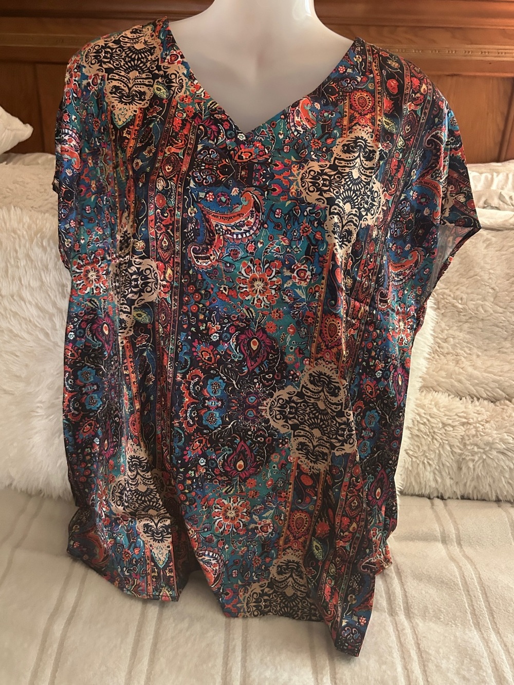 Ekouaer Women's Orange Blue Short Sleeve Printed Top Sz L
